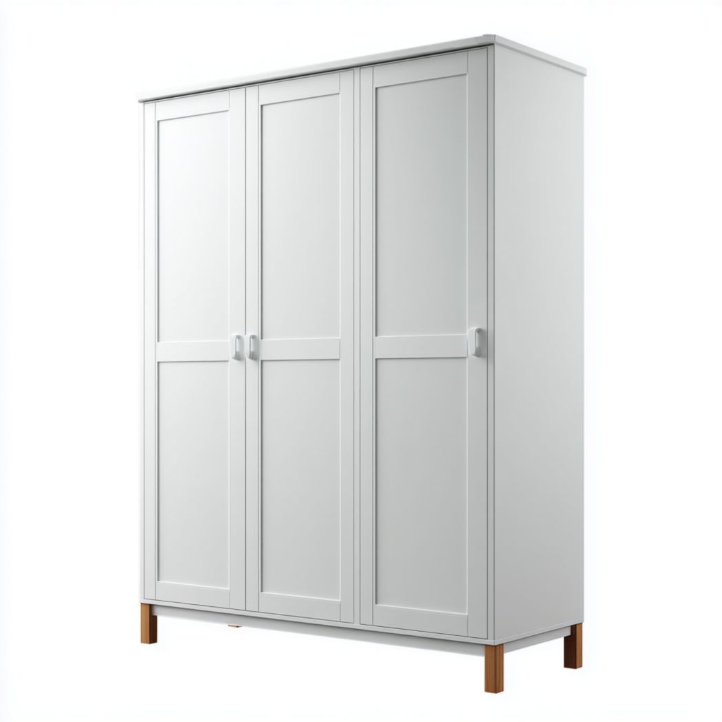 Armoire blanche à trois portes avec pieds en bois massif et panneaux de porte encadrés