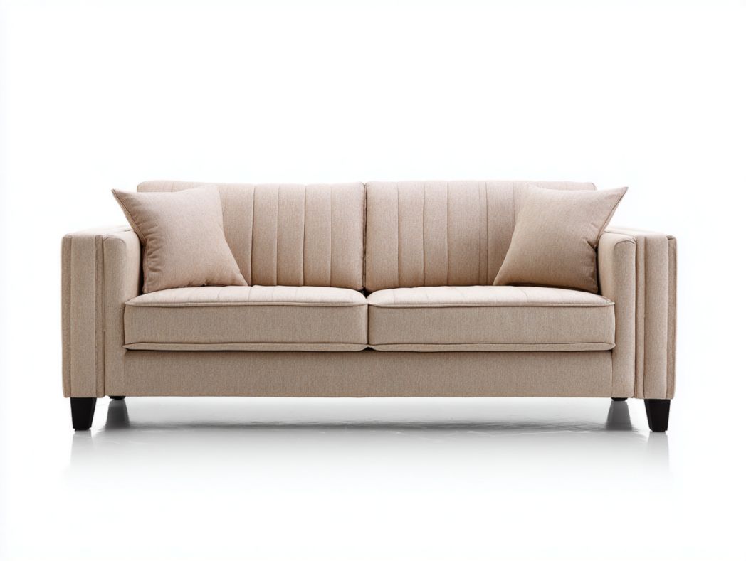 Canapé 2 places en tissu beige, accoudoirs carrés et dossier à coutures verticales, avec deux coussins beige