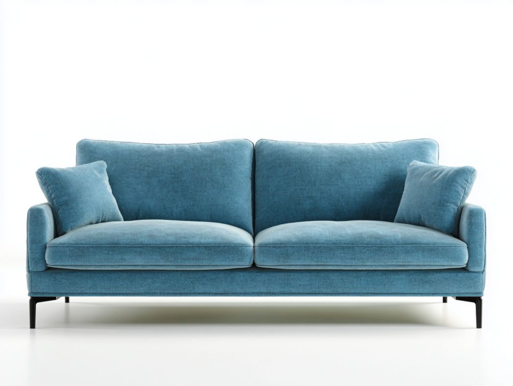 Canapé 2 places en tissu bleu turquoise, structure et pieds en métal, avec deux coussins bleu turquoise
