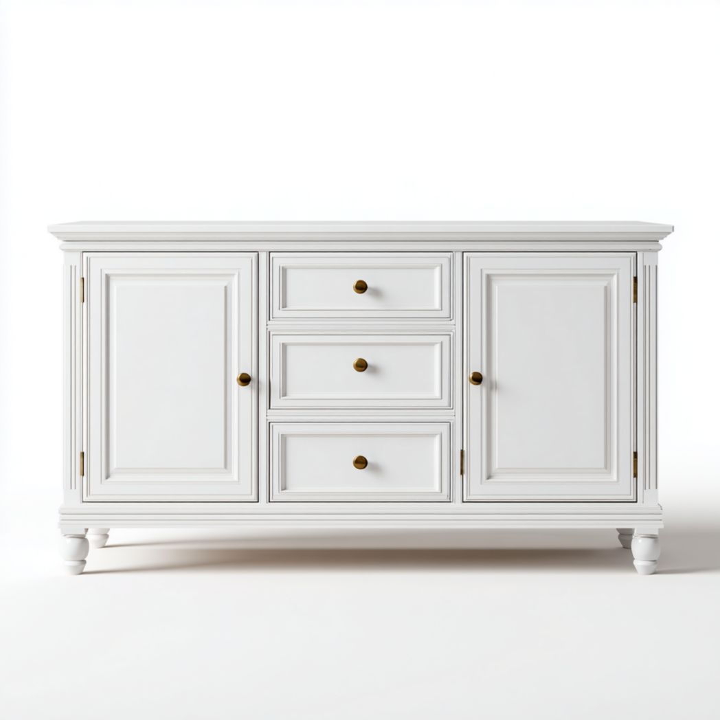 Buffet en bois massif blanc, panneau de porte tridimensionnel sculpté, armoire de rangement à double porte à trois tiroirs
