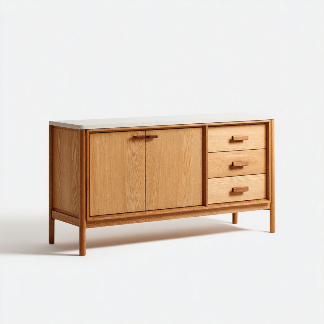Buffet marron clair, plan de travail blanc, double porte, trois tiroirs, meuble de rangement en bois massif