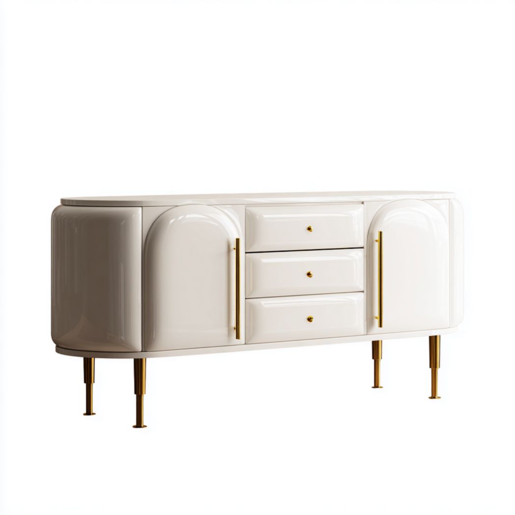 Buffet blanc ivoire laqué avec coins arrondis, pieds dorés et trois tiroirs