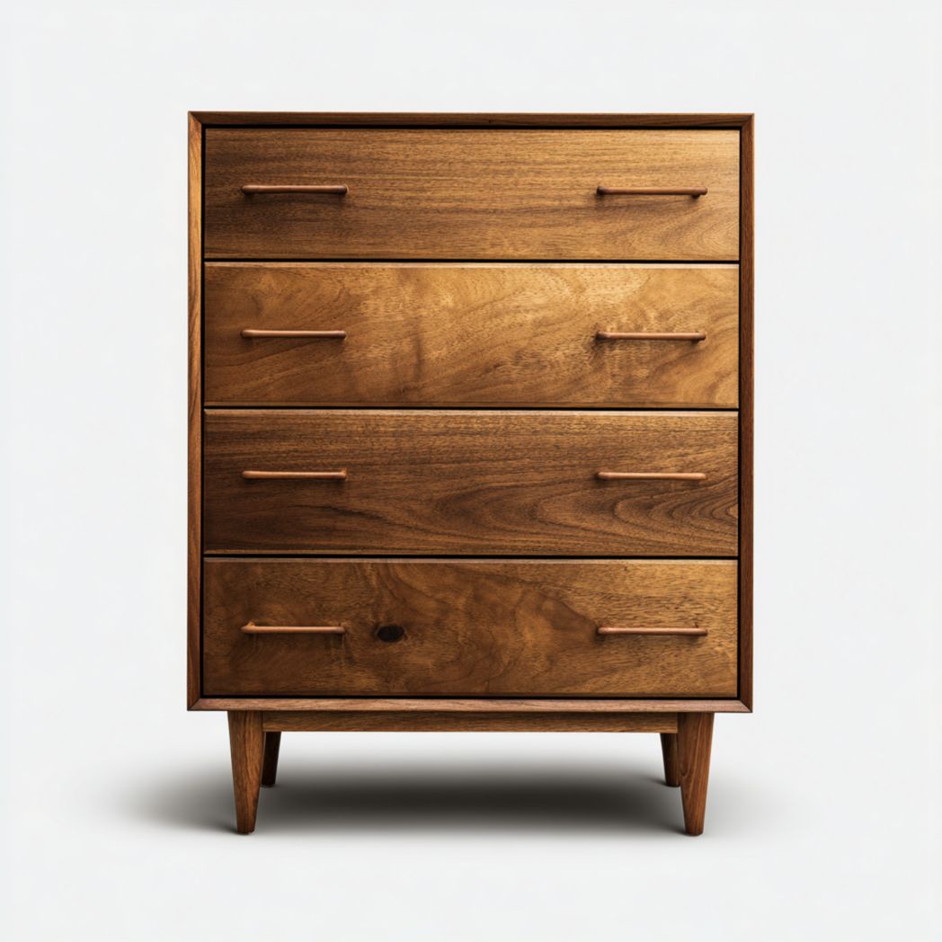 Commode à quatre tiroirs couleur marron clair avec poignées assorties en bois