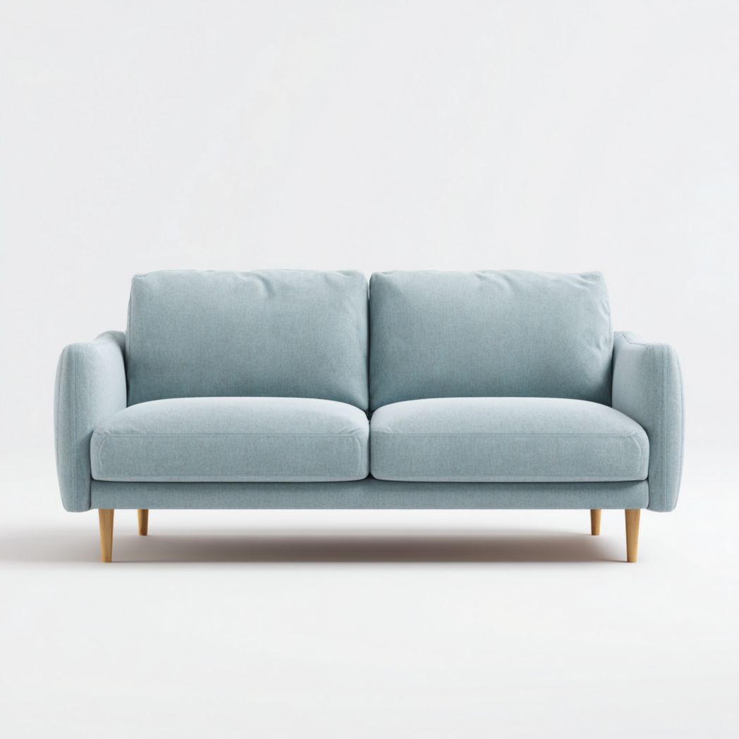 Canapé 2 places en tissu bleu clair, accoudoirs arrondis et pieds en bois clair