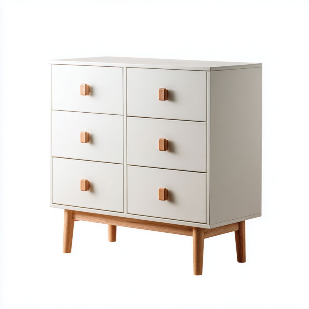 Commode à six tiroirs en bois avec structure blanche et poignées cubiques en bois clair