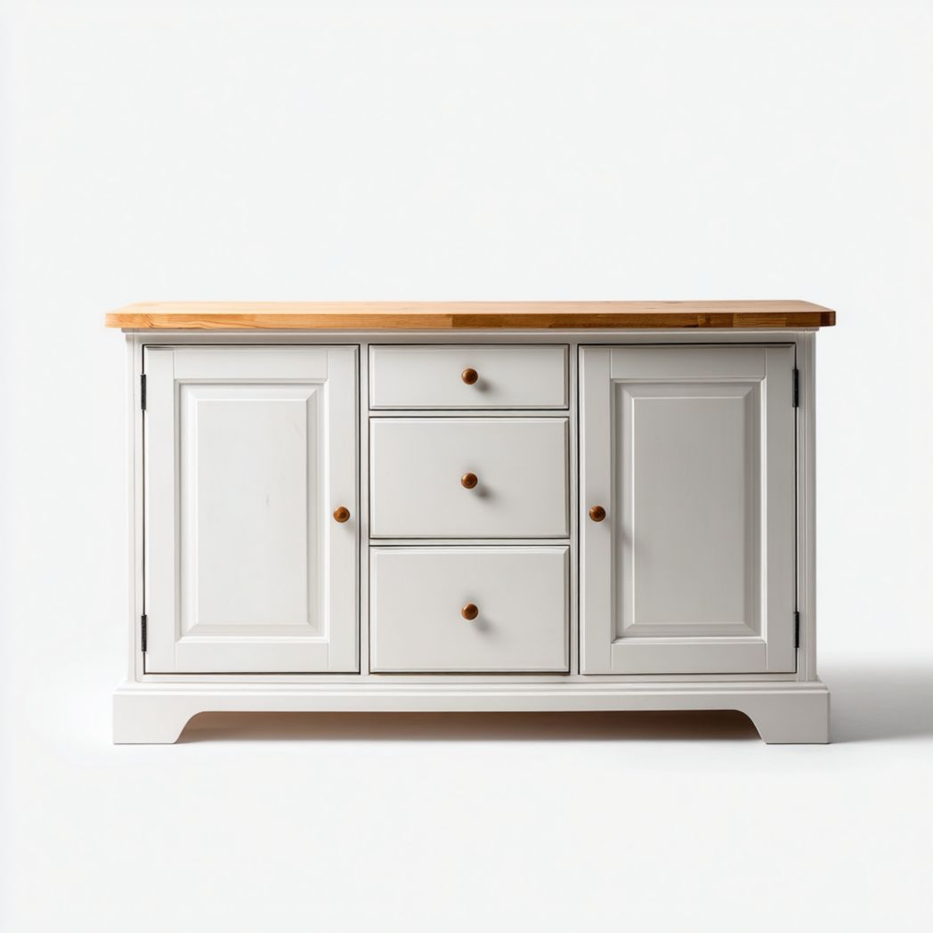 Buffet en bois massif blanc, plateau en chêne, armoire de rangement à trois tiroirs et double porte