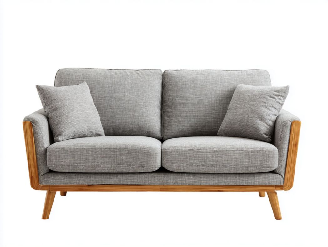 Canapé 2 places en tissu gris clair, structure et pieds en bois massif, avec deux coussins gris clair