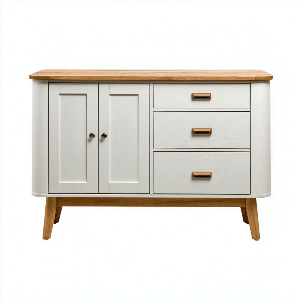 Buffet en bois beige clair et marron clair avec deux portes et trois tiroirs et une structure de support en bois massif.