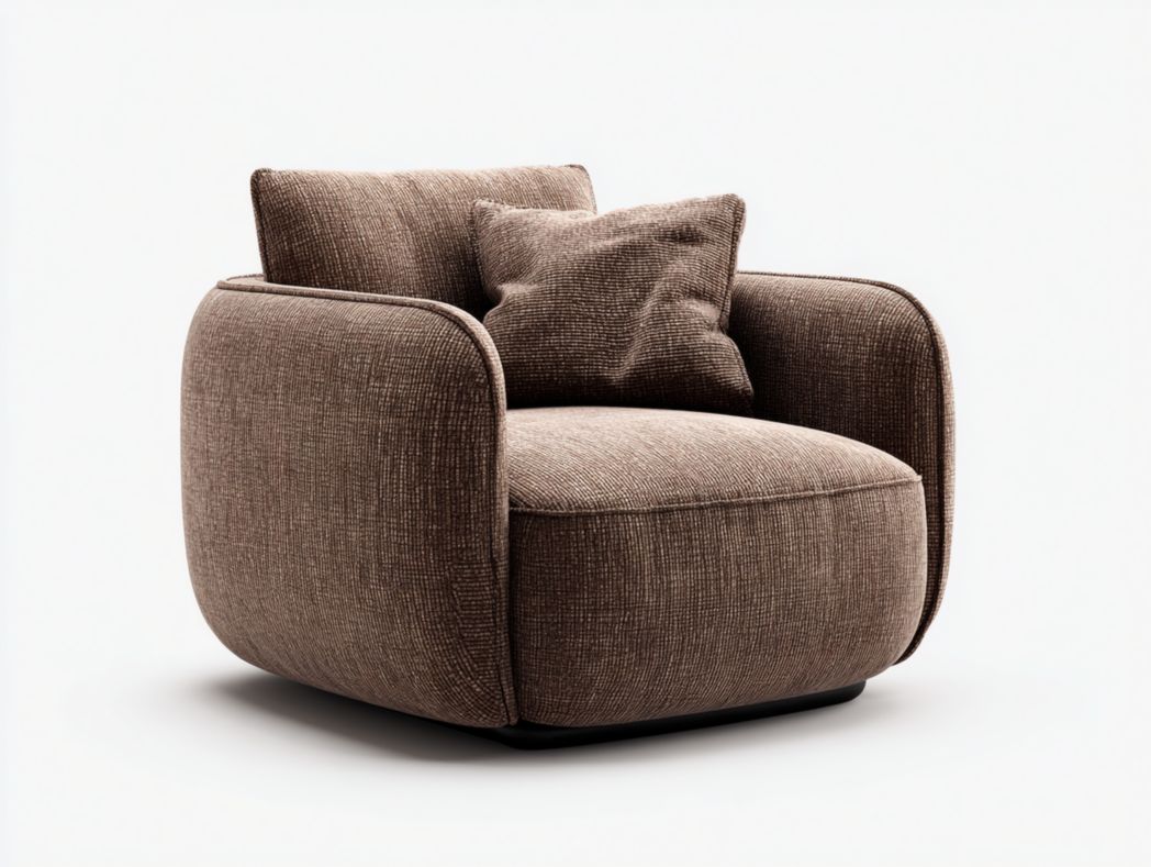 Fauteuil de forme arrondie en tissu marron foncé avec base cachée