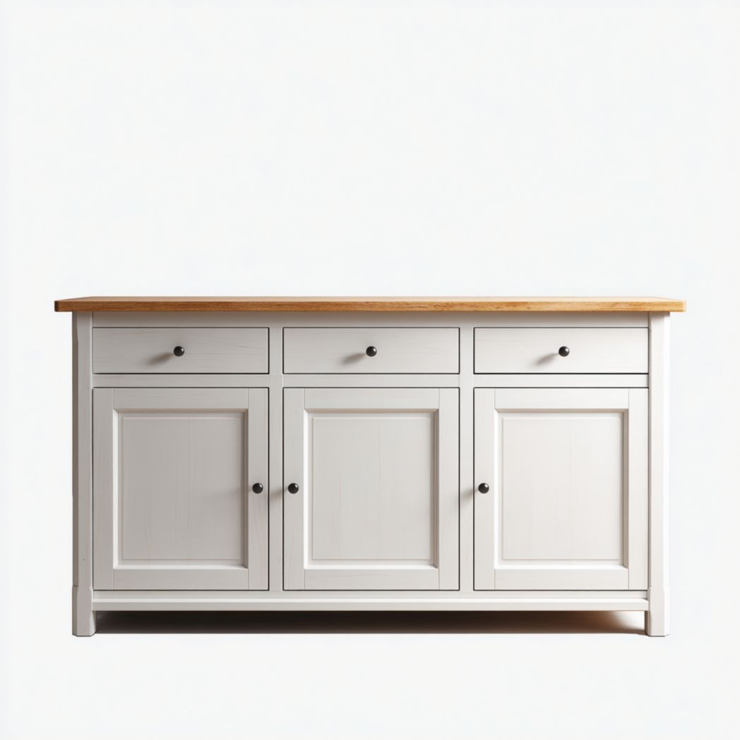 Buffet en bois massif blanc, plateau en chêne, meuble de rangement à trois tiroirs et trois portes