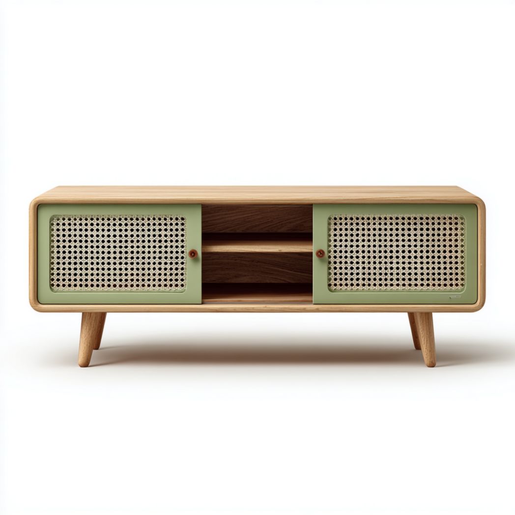 Meuble TV long marron clair, structure en bois massif avec portes en rotin vert et poignées rondes en bois