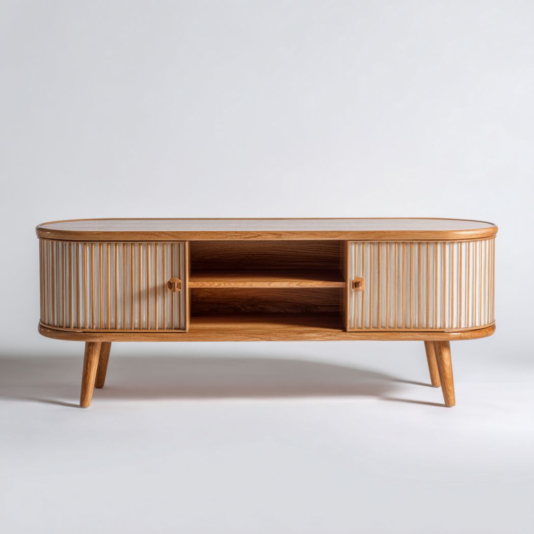 Meuble TV d'angle arrondi en bois marron clair avec porte grillagée, pieds en bois massif et poignées carrées en bois