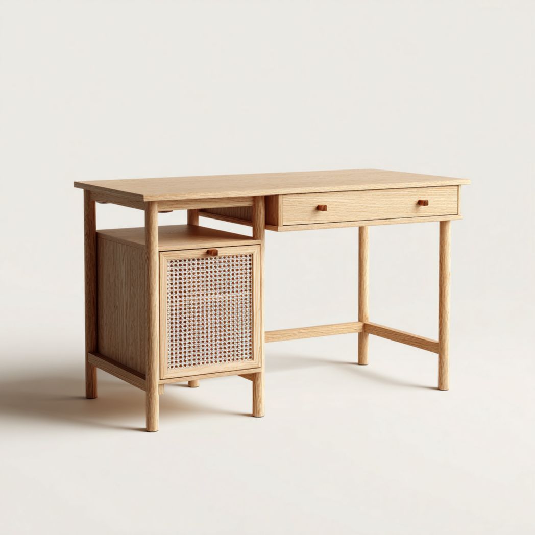 Bureau rectangulaire en bois massif brun clair avec porte en rotin et tiroir intégré