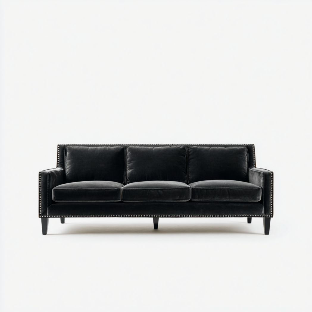 Canapé 3 places en velours noir avec clous décoratifs et pieds en bois brun foncé