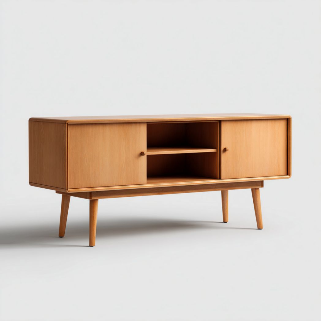 Meuble TV long marron clair avec portes doubles et compartiments ouverts, et poignées rondes en bois