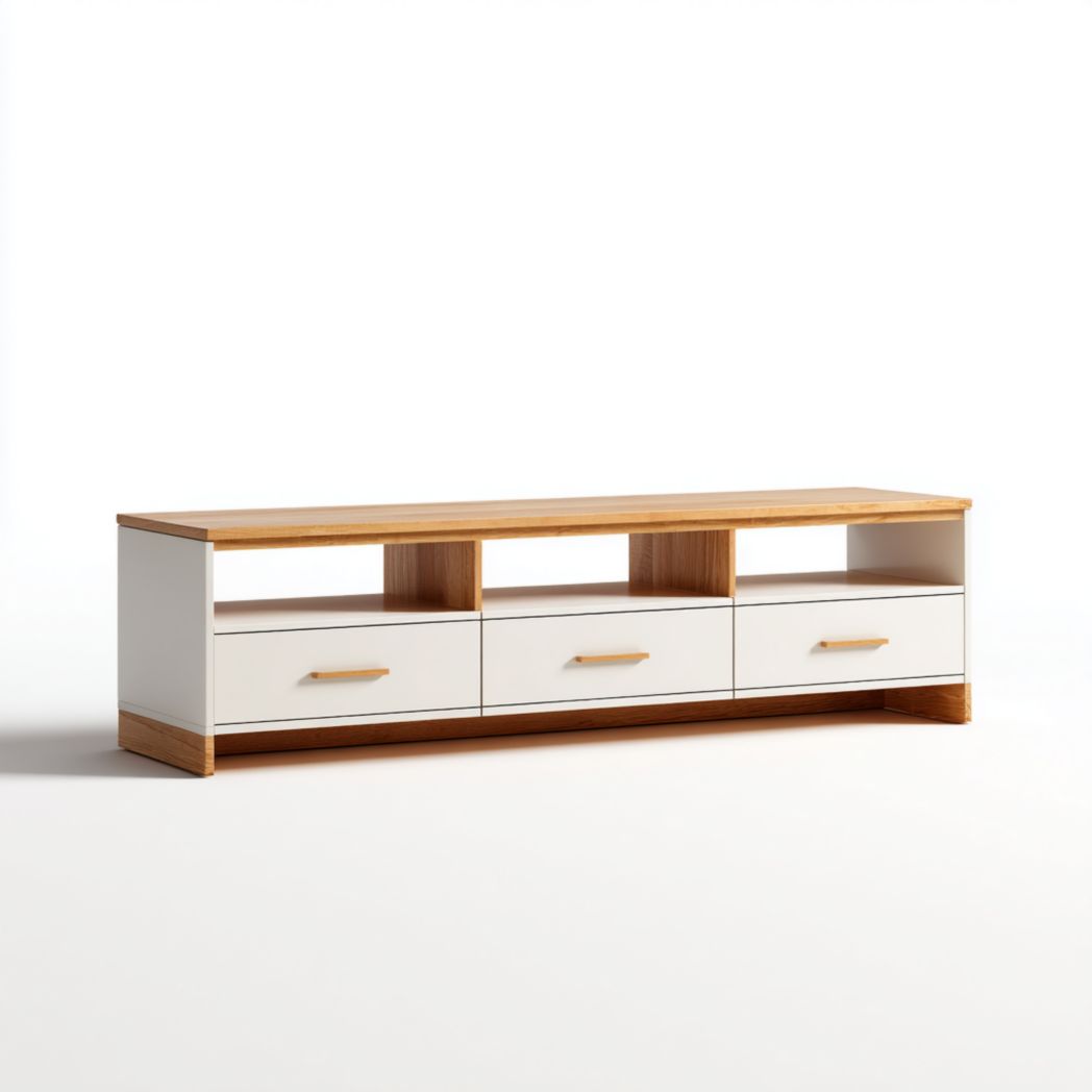 Meuble TV long bicolore blanc et chêne clair avec trois tiroirs et poignées en bois