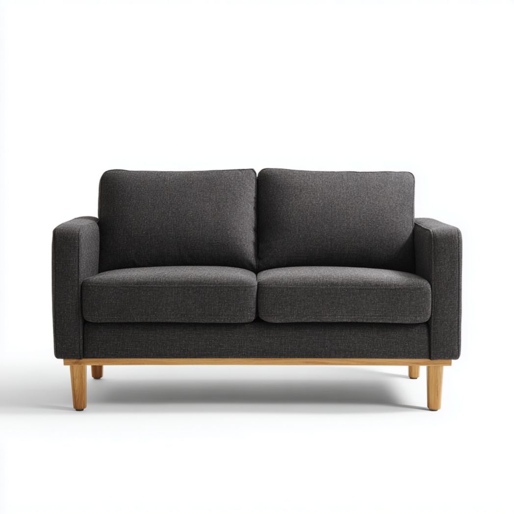 Canapé 2 places en tissu gris foncé, dossier droit et pieds en bois clair