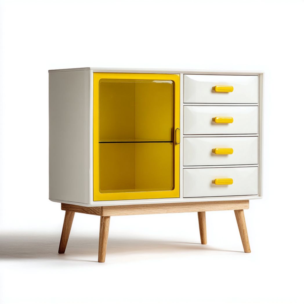 Commode blanche à quatre tiroirs avec porte vitrée jaune et base en bois clair