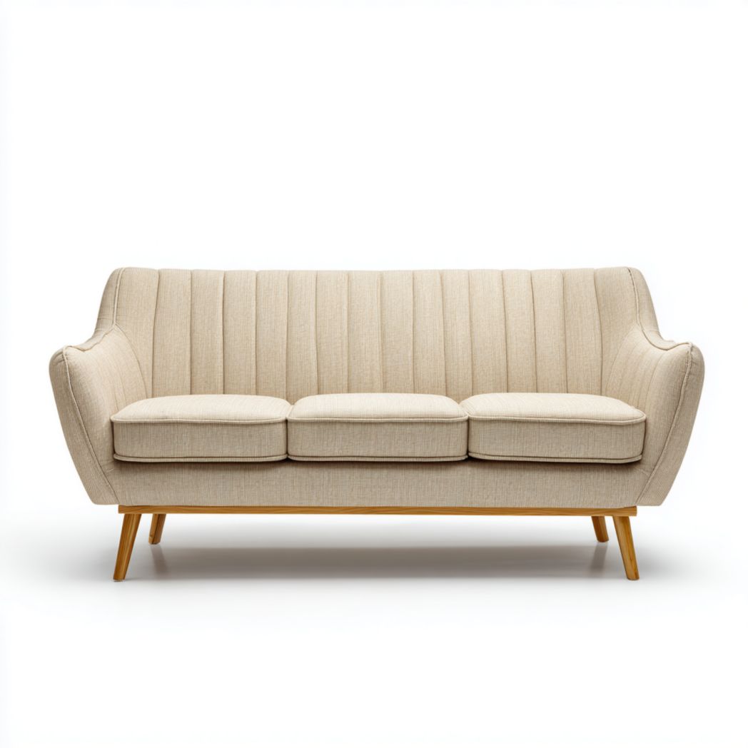 Canapé 3 places en tissu beige, dossier courbé, structure et pieds en chêne massif, sans coussins