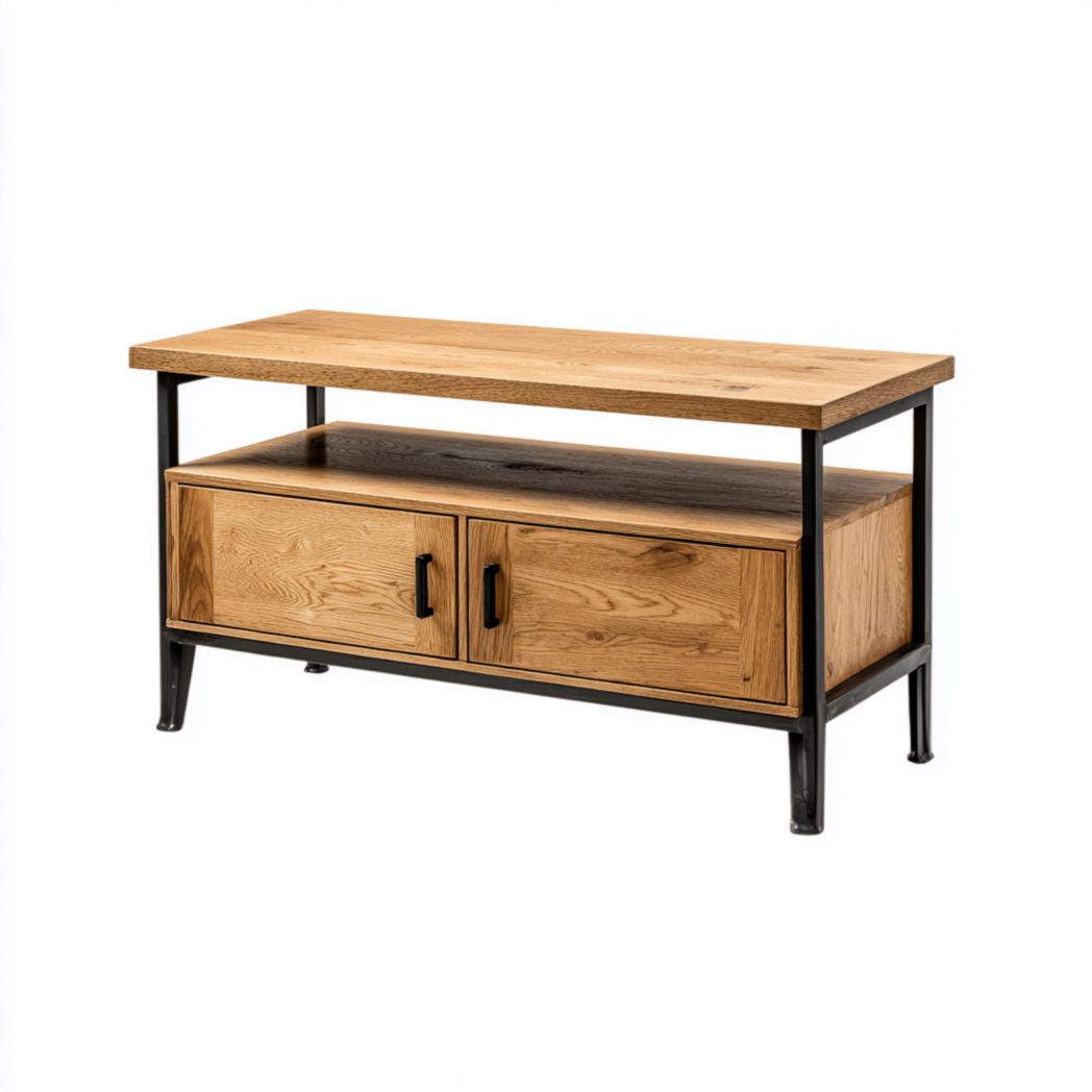 Meuble TV long avec cadre en métal marron clair et rangement à double porte et poignées en métal noir