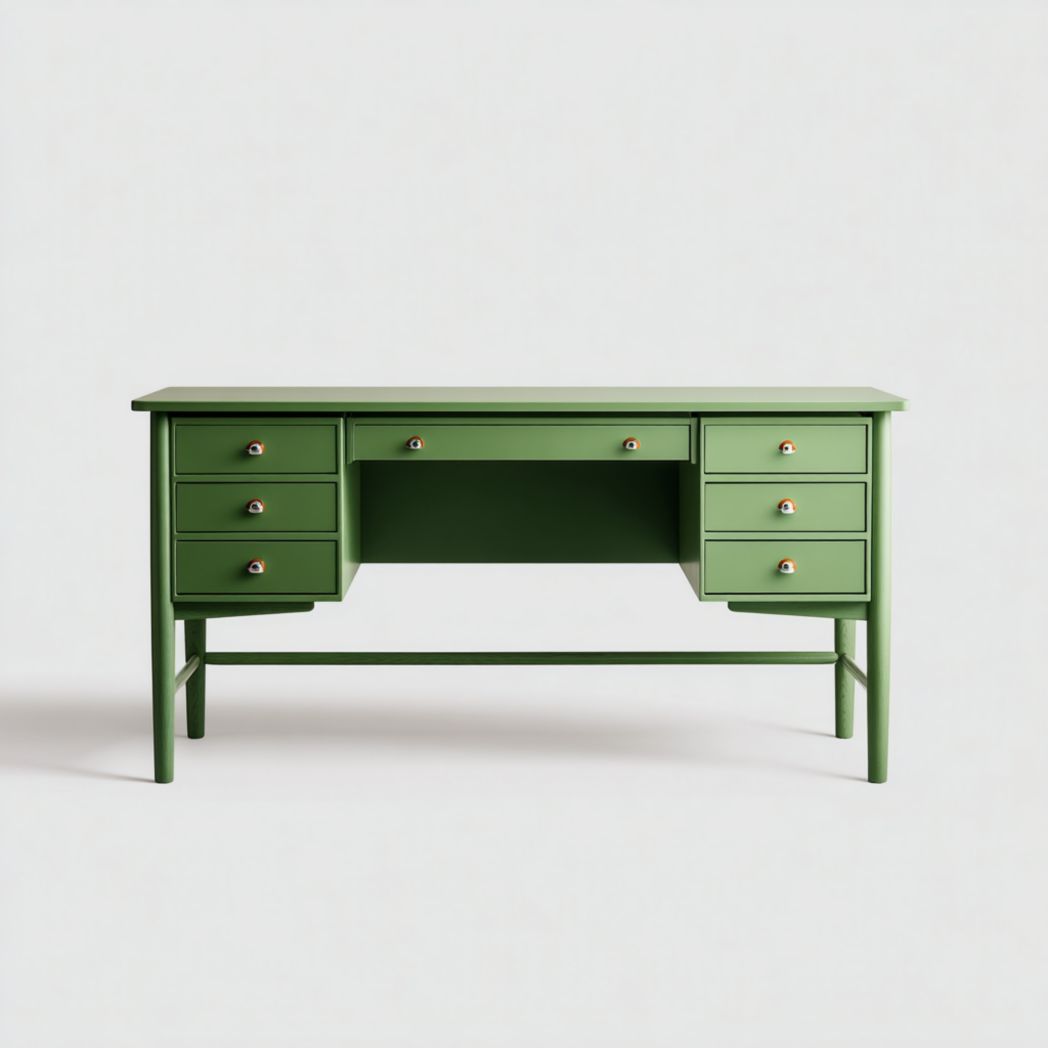 Bureau rectangulaire en bois vert avec tiroirs des deux côtés et poignées dorées