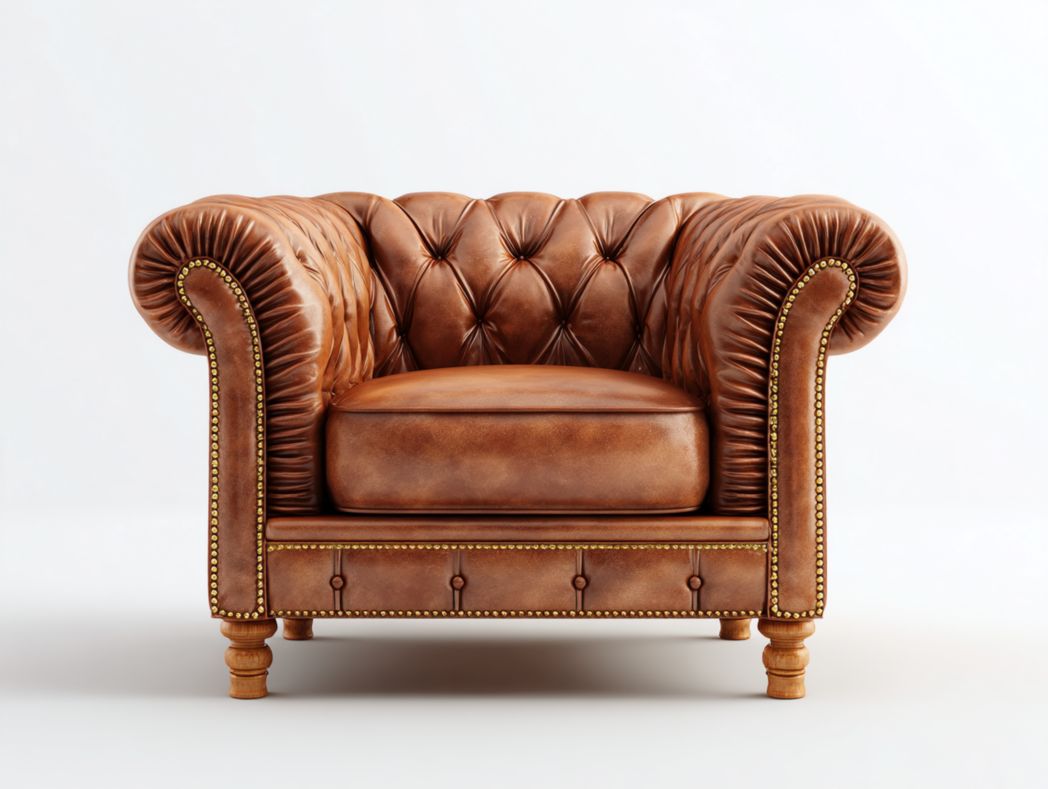 Fauteuil en cuir brun capitonné avec pieds sculptés en bois massif