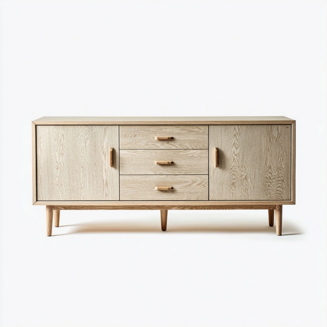 Buffet en bois beige clair à deux portes et trois tiroirs, cadre droit et pieds cylindriques en bois massif