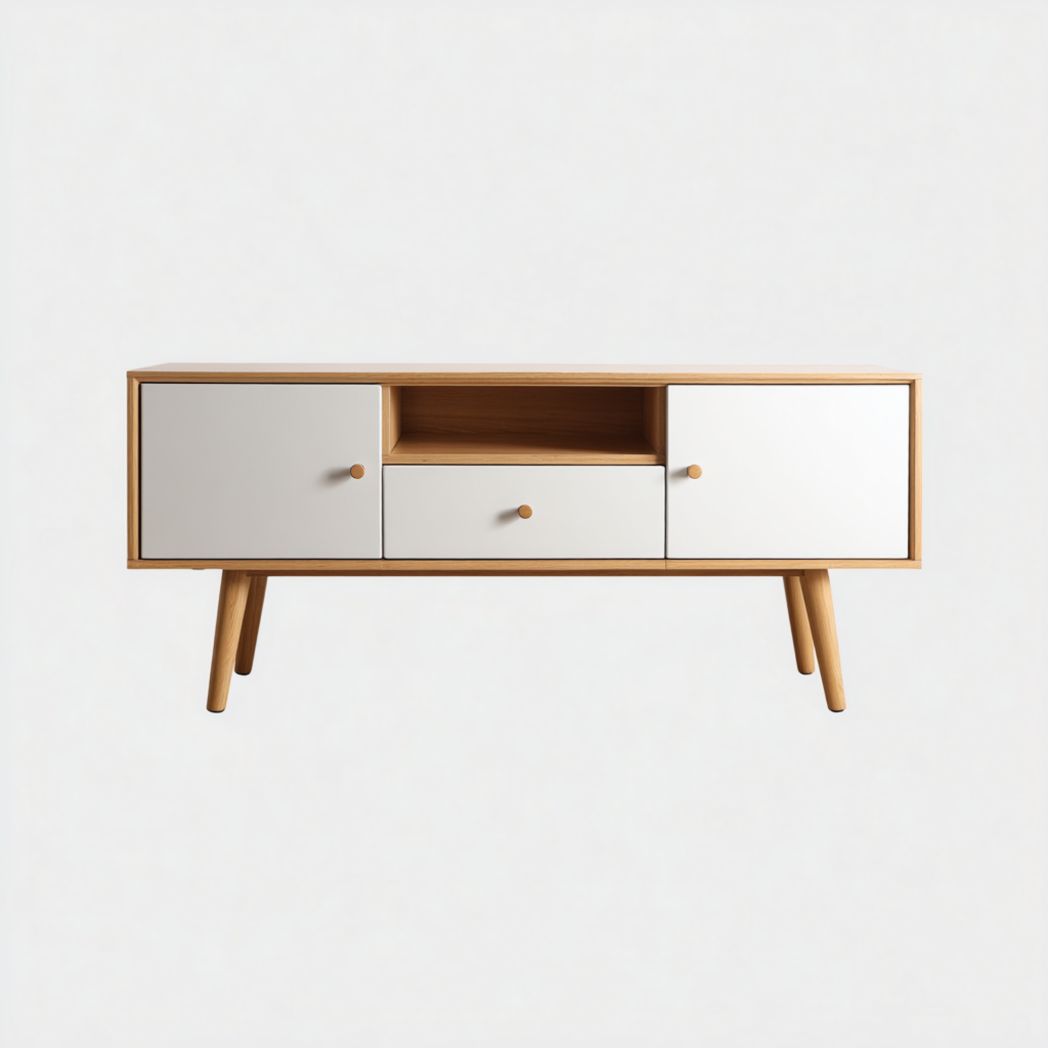 Meuble TV en bois marron clair et blanc, structure rectangulaire avec portes doubles et tiroir central