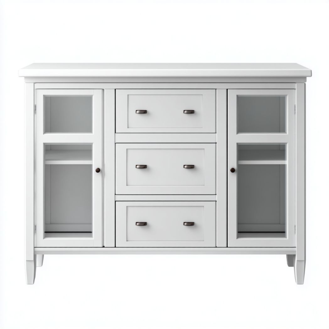 Buffet blanc avec portes vitrées et cadre en bois, trois tiroirs et deux portes