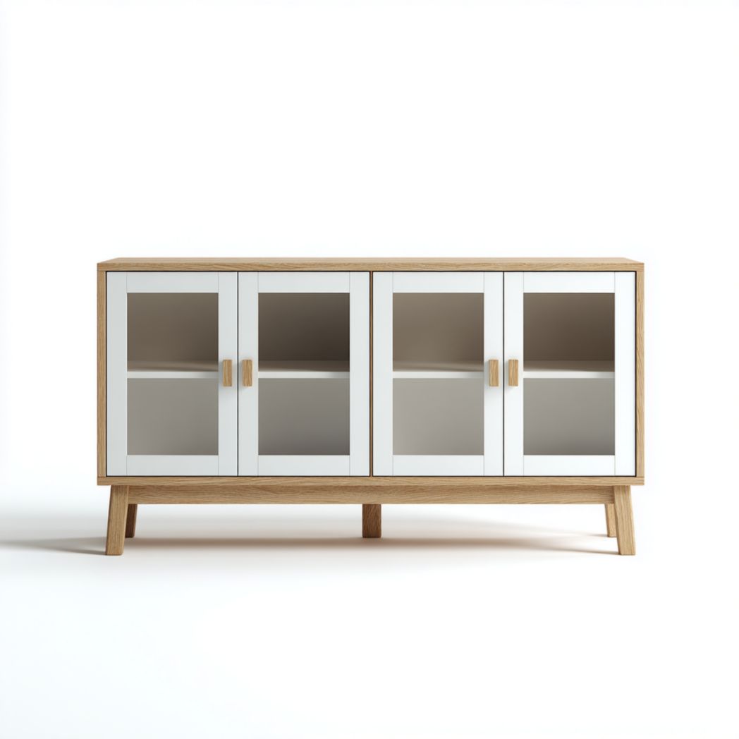 Buffet blanc avec portes vitrées et cadre en chêne, quatre portes et pieds en bois massif