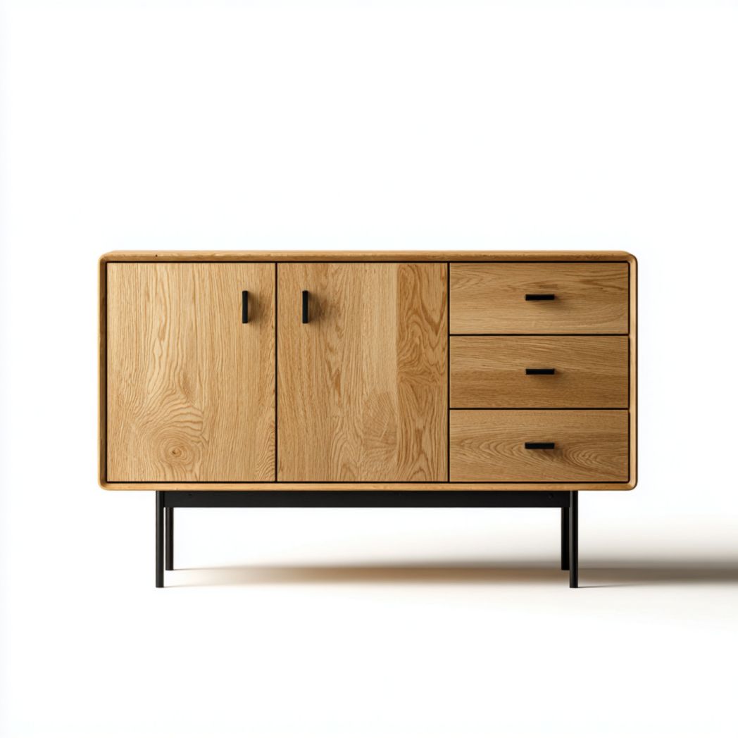 Buffet en bois massif marron clair, support en métal noir, meuble de rangement à deux portes et trois tiroirs