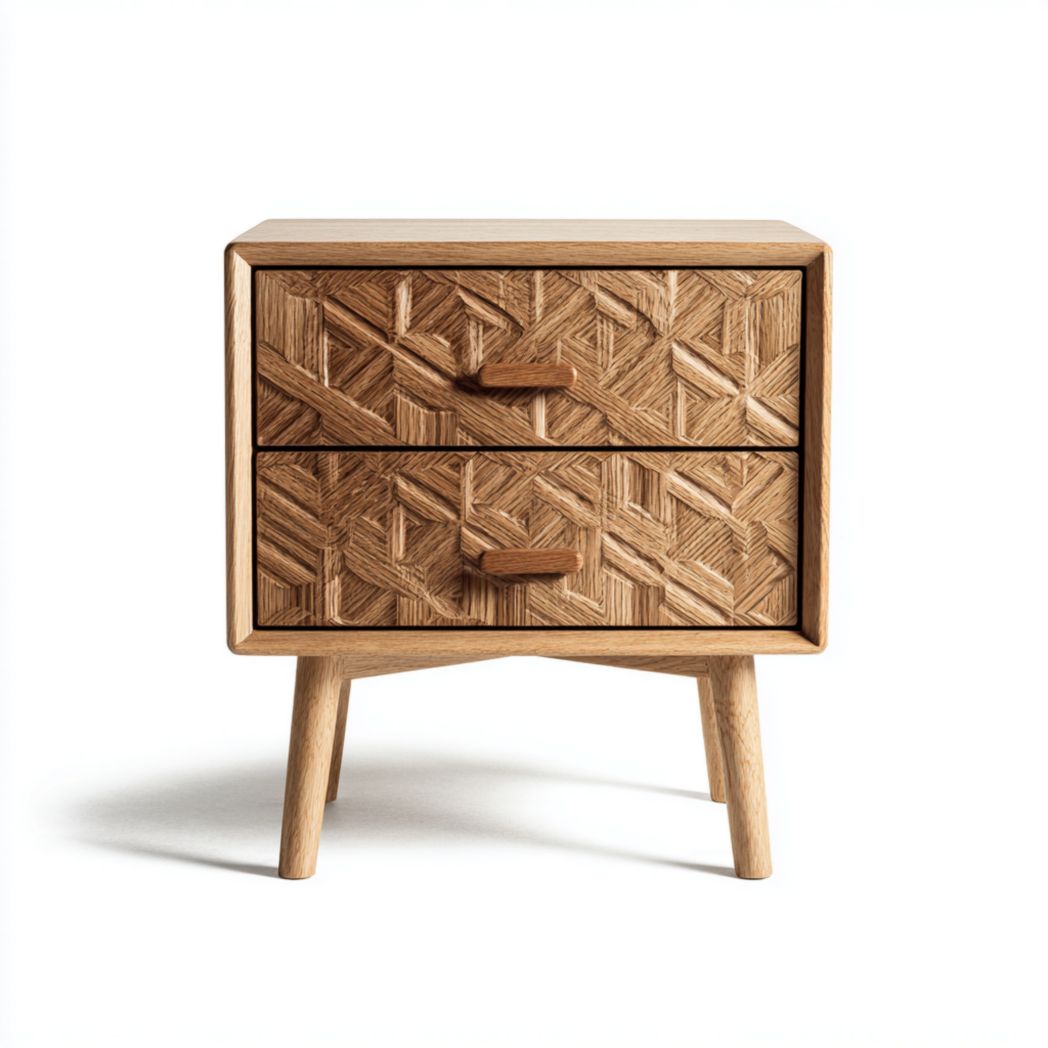 Table de chevet en bois brun clair à deux tiroirs avec motifs géométriques en relief et coins arrondis