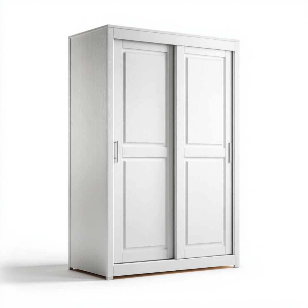 Armoire blanche à deux portes coulissantes en bois mat avec rails métalliques