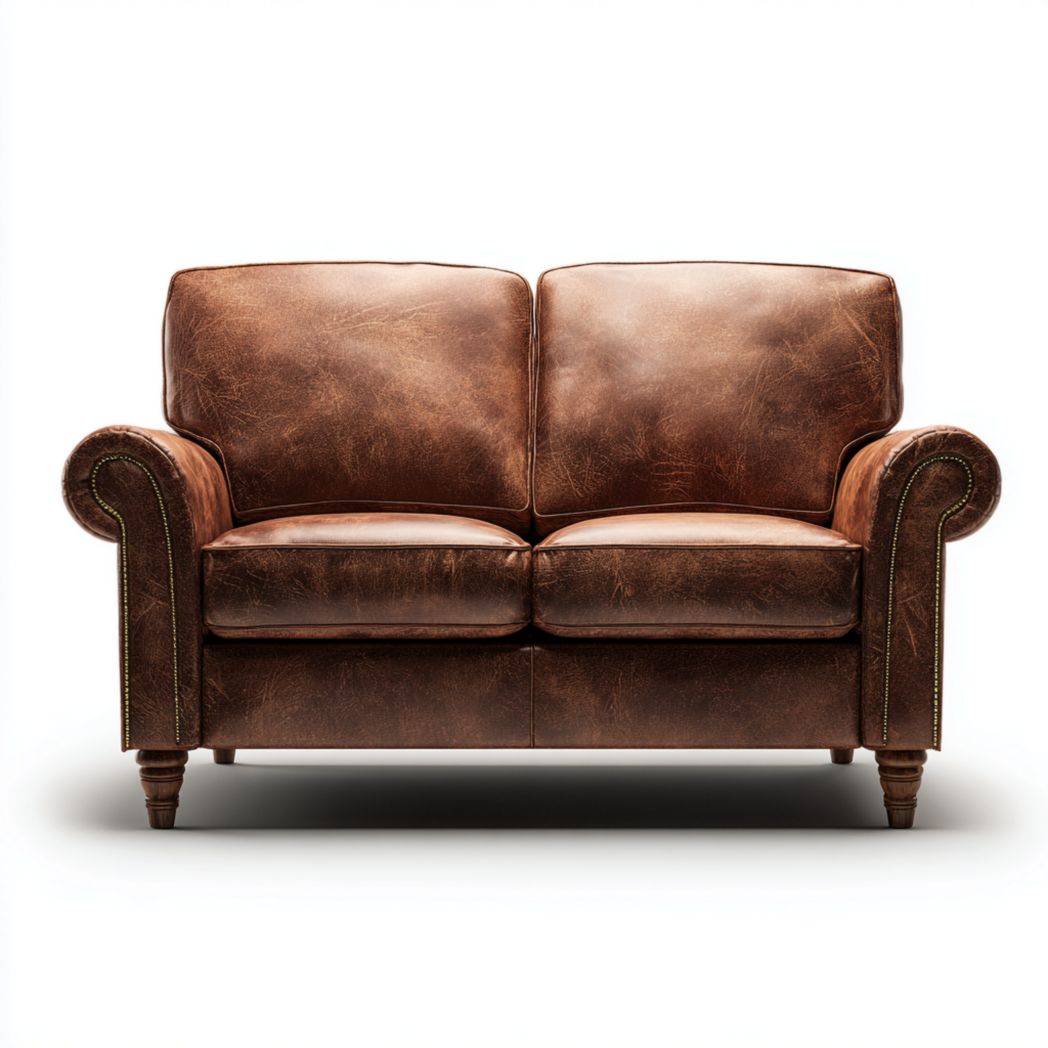Canapé 2 places en similicuir marron, accoudoirs roulés et pieds en bois massif