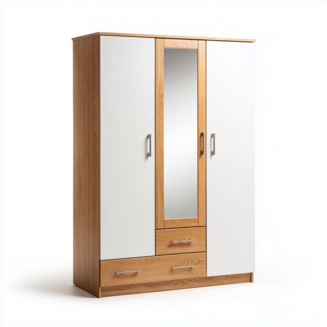 Armoire blanche et chêne à trois portes avec miroir central et poignées en métal brossé