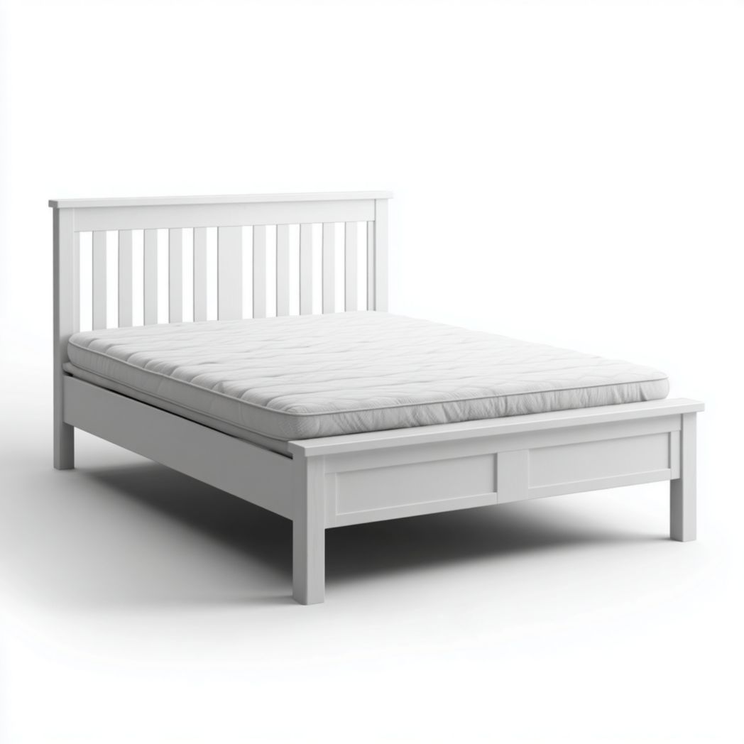 Lit simple en bois massif blanc avec tête de lit et matelas blanc