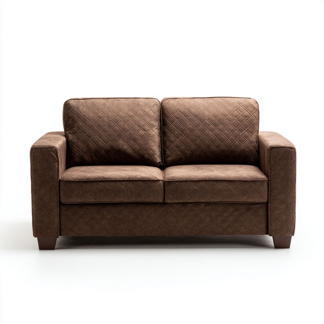 Canapé 2 places en tissu marron, surpiqûres carrées et accoudoirs droits