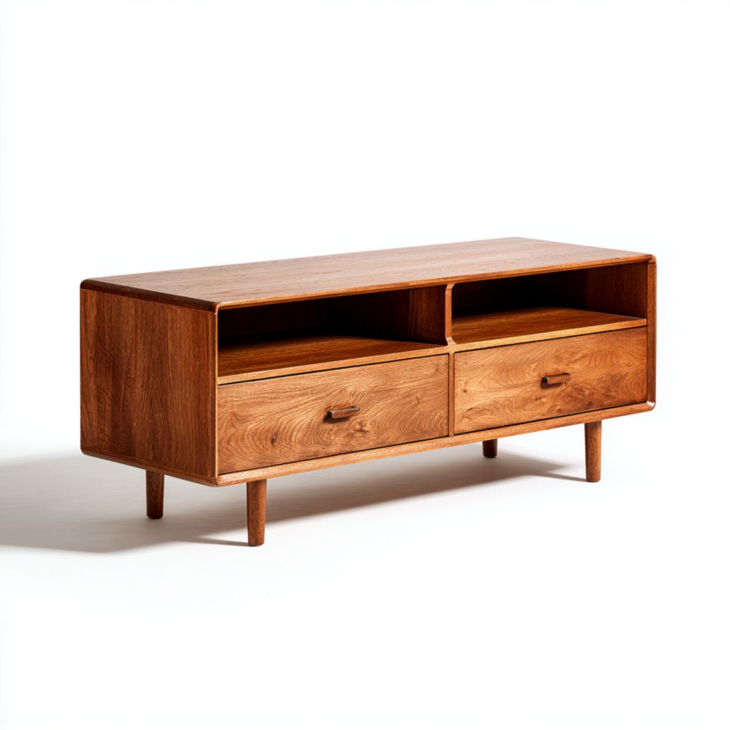 Meuble TV en bois marron foncé, deux tiroirs, structure en bois massif avec coins arrondis et poignées en bois