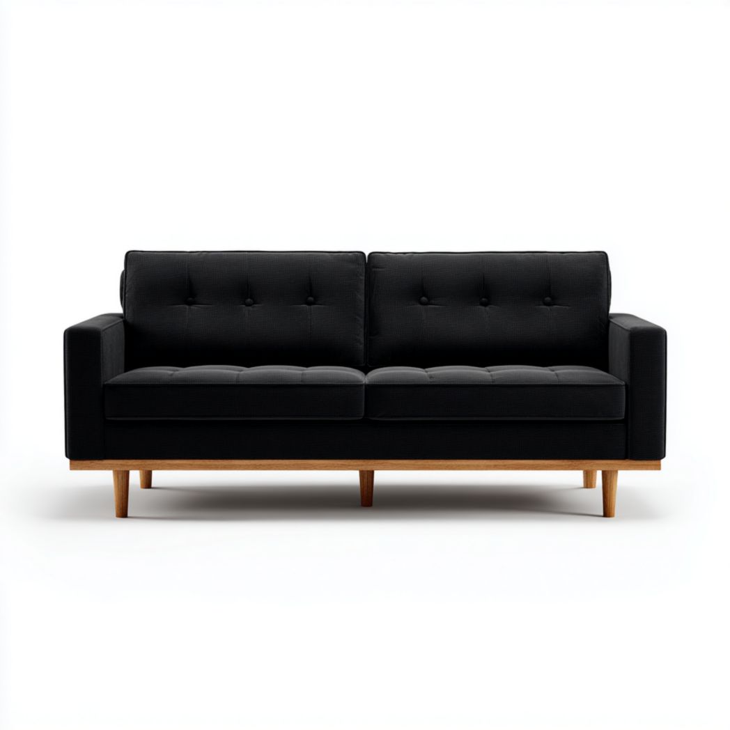Canapé 3 places en tissu noir avec dossier à boutons et base en bois brun clair