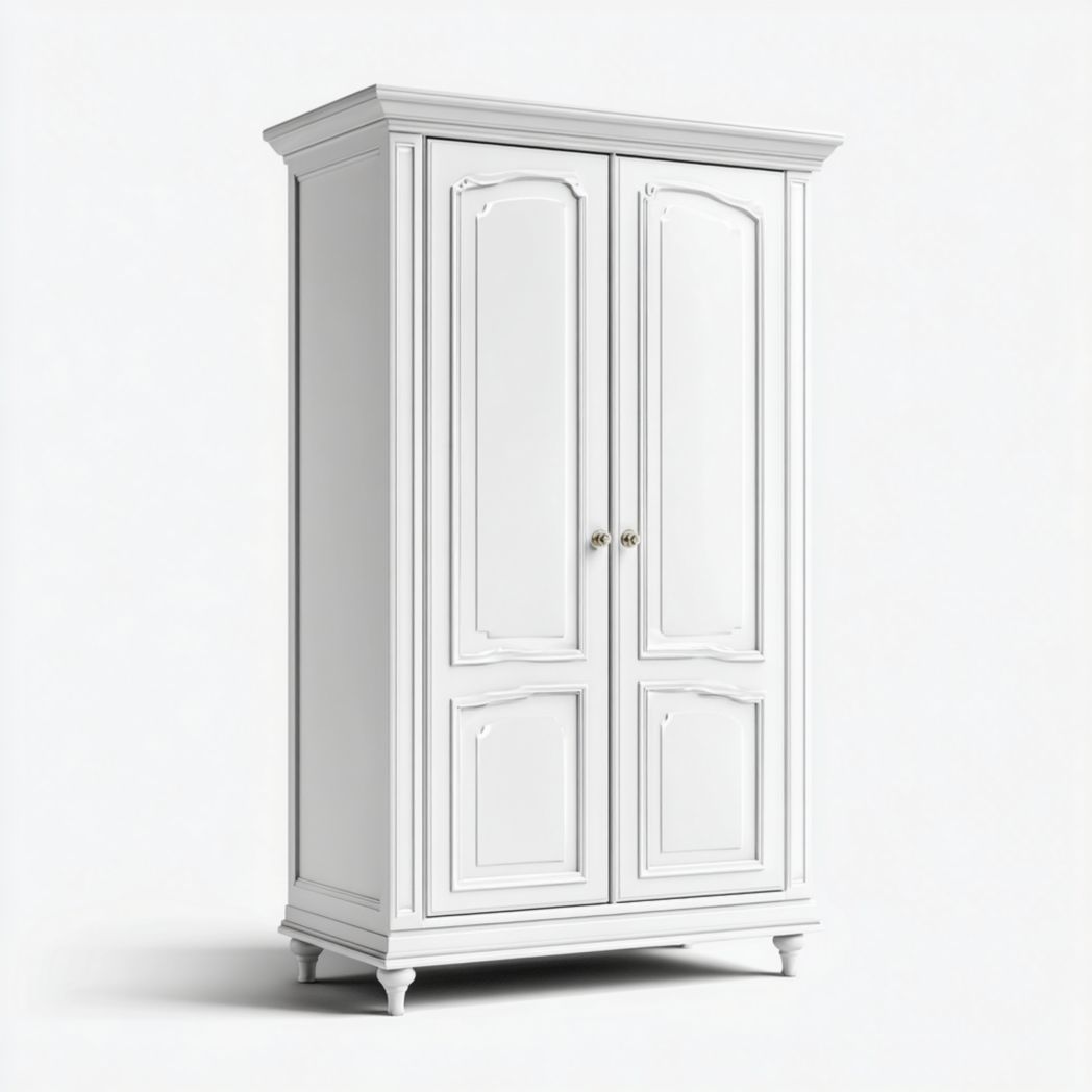 Armoire blanche à deux portes sculptées en bois avec poignées rondes en laiton