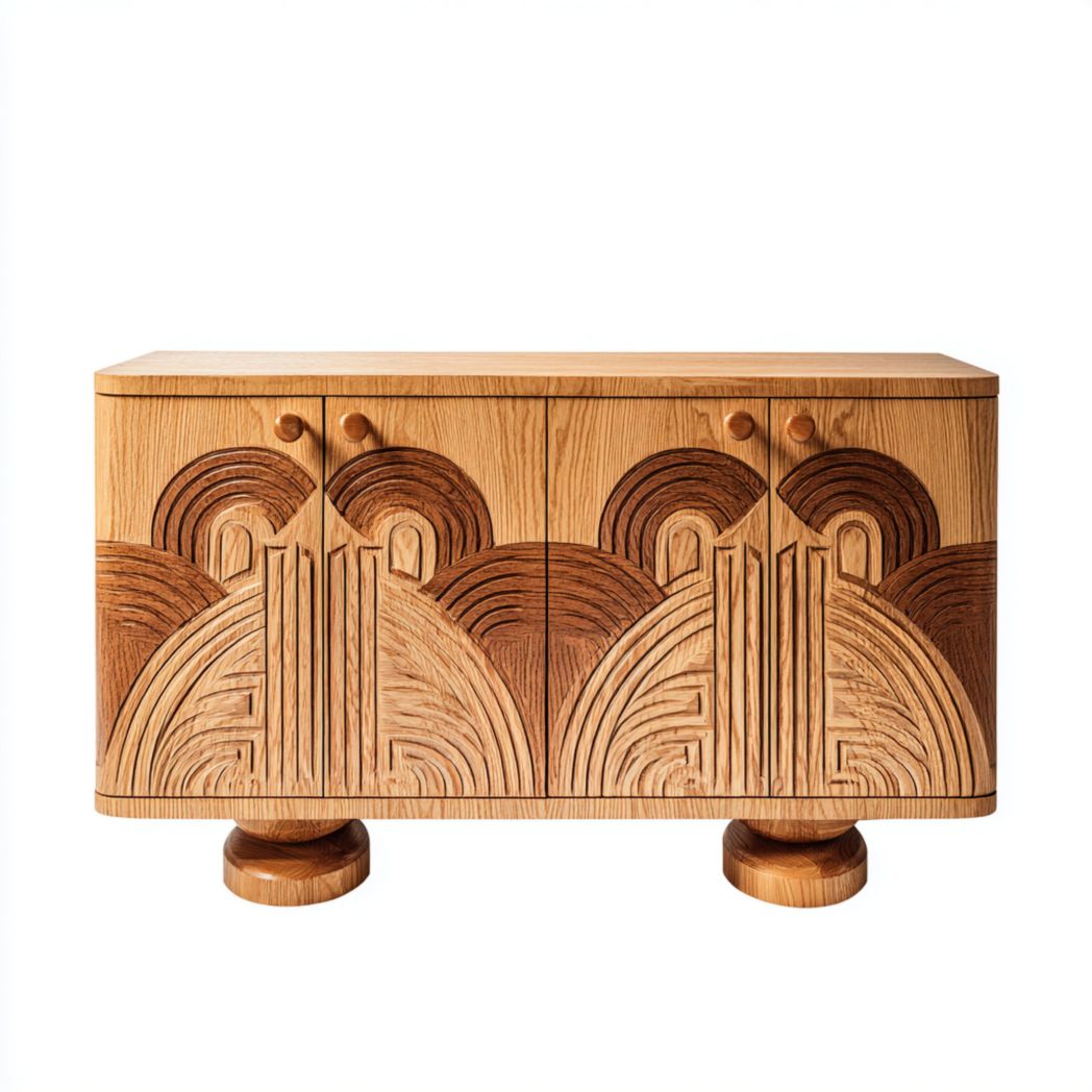 Buffet sculpté en chêne brun clair avec motif géométrique en relief, quatre portes et deux pieds
