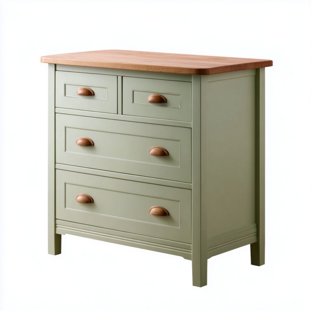 Commode à quatre tiroirs en bois avec structure vert clair et plateau en bois naturel