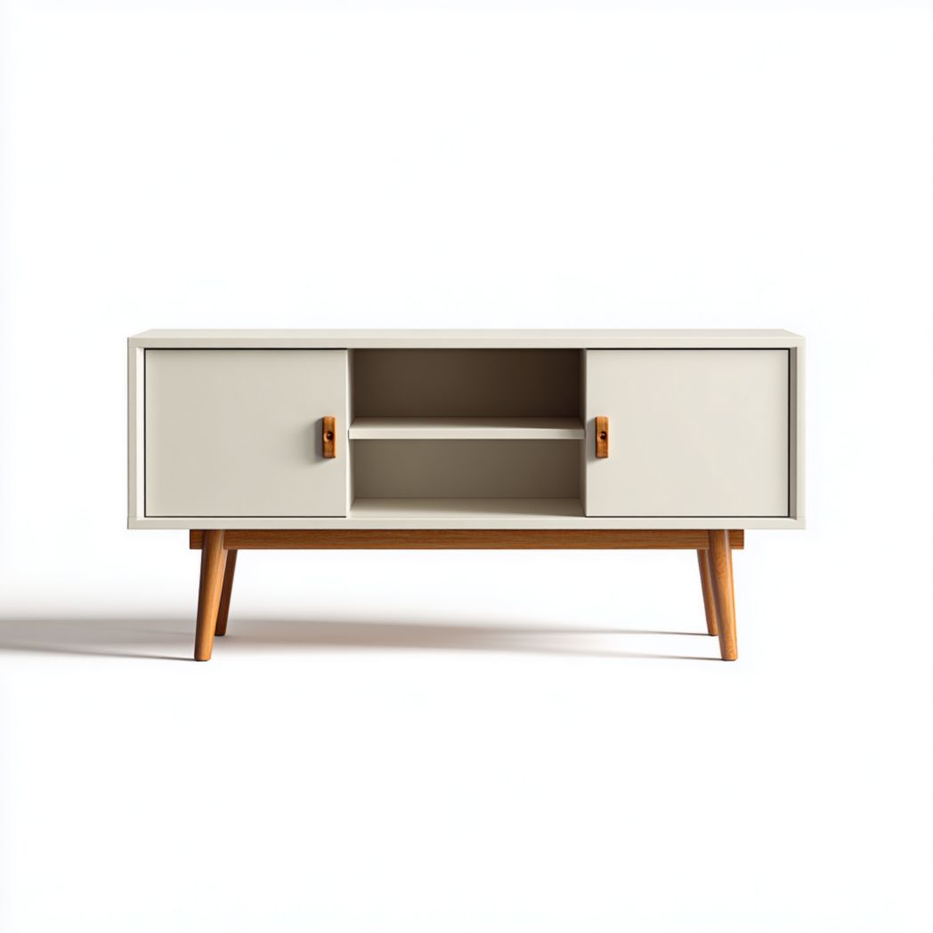 Meuble TV en bois bicolore gris clair et marron avec portes doubles rectangulaires et pieds en bois massif