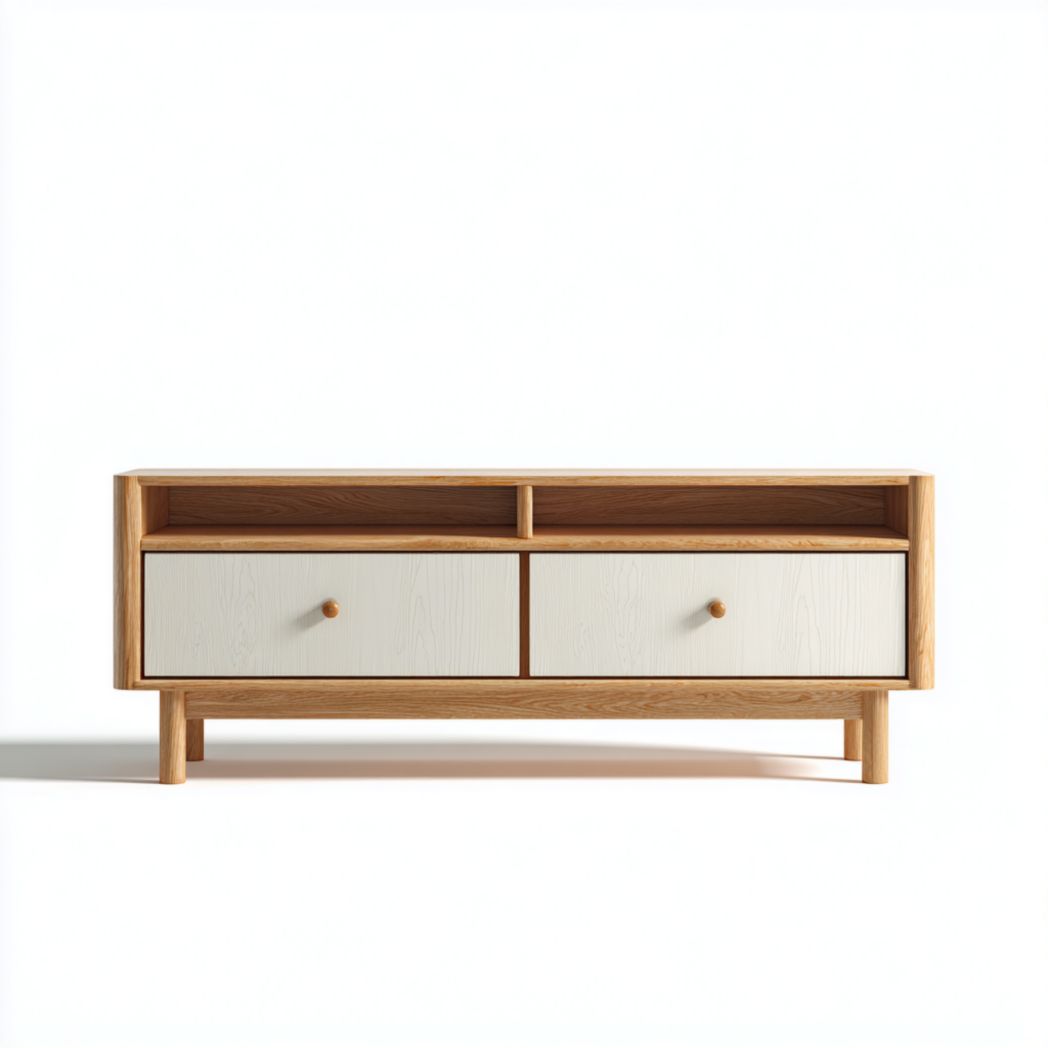 Meuble TV en bois marron clair et blanc cassé avec tiroirs doubles et compartiments ouverts et poignées rondes en bois massif