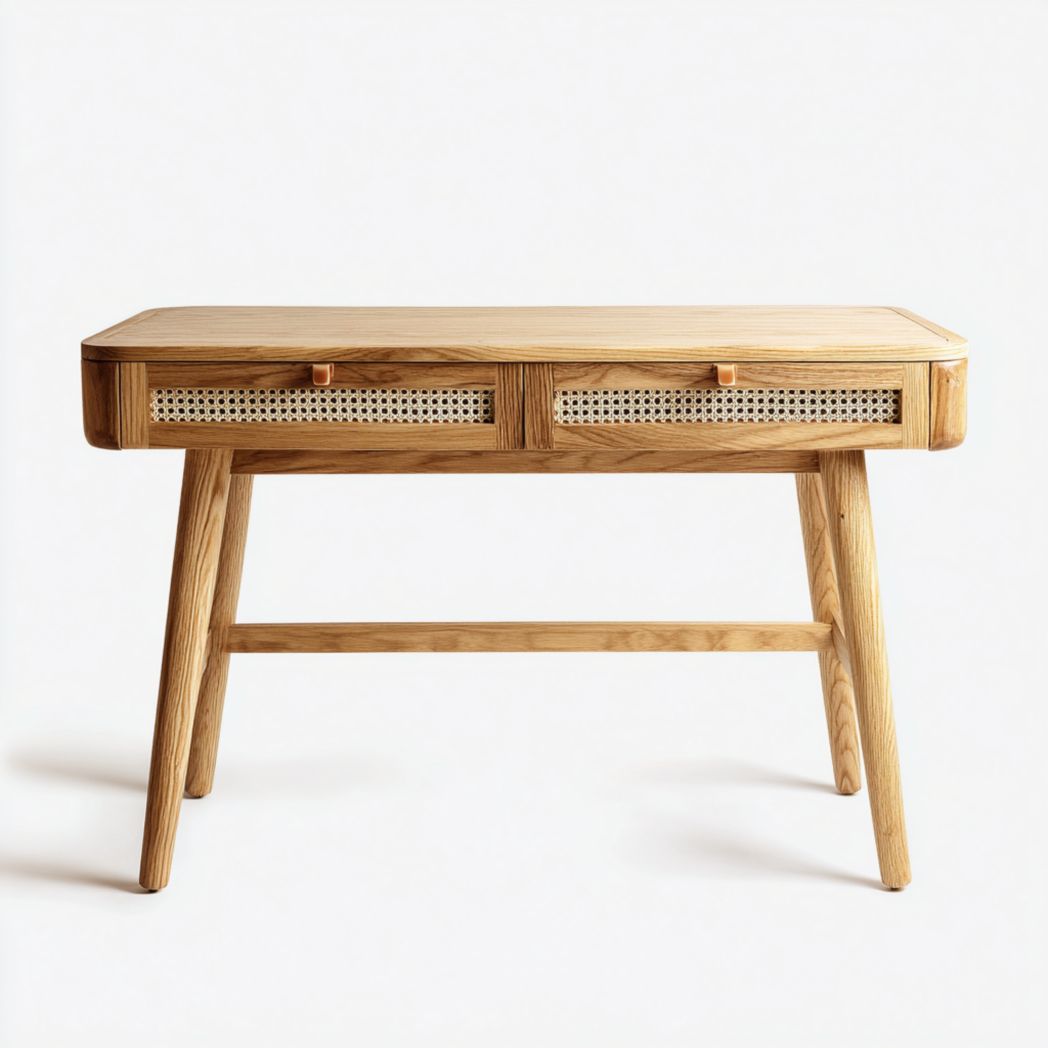 Bureau rectangulaire en bois massif brun clair avec tiroirs à façade en rotin