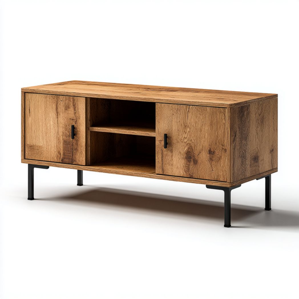 Meuble TV en bois marron foncé, structure rectangulaire avec portes doubles et pieds en métal