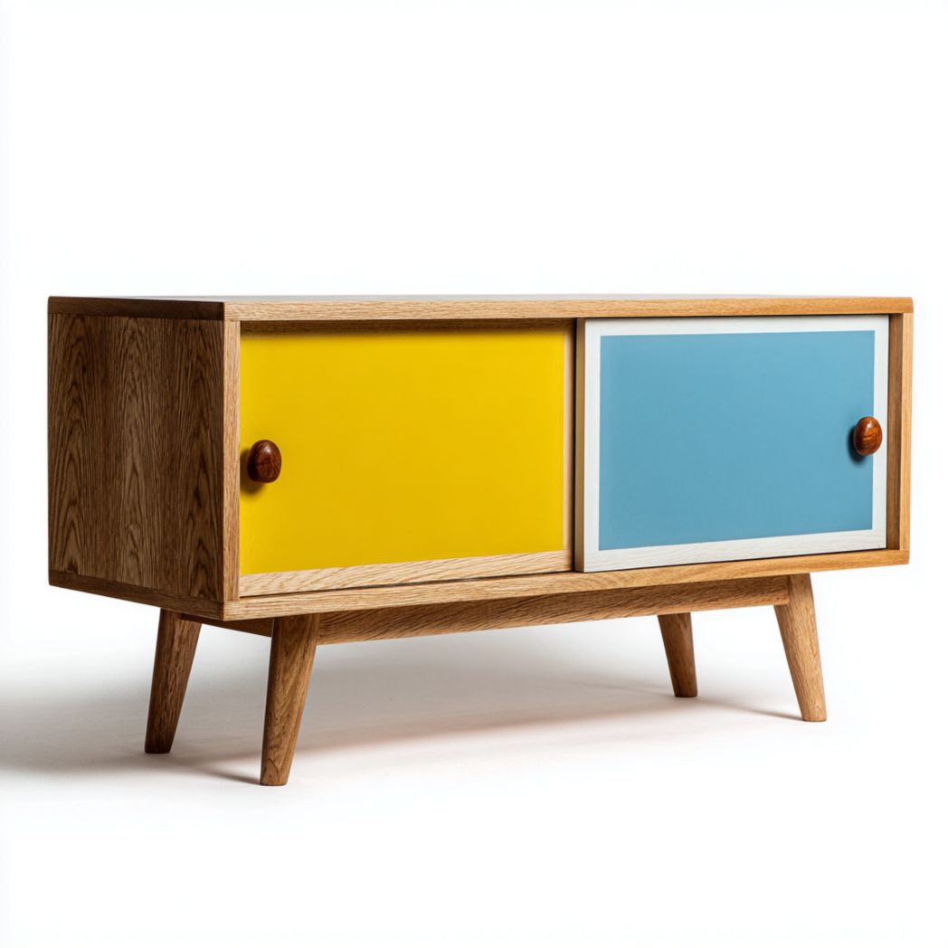 Meuble TV long avec portes bicolores et poignées rondes en bois