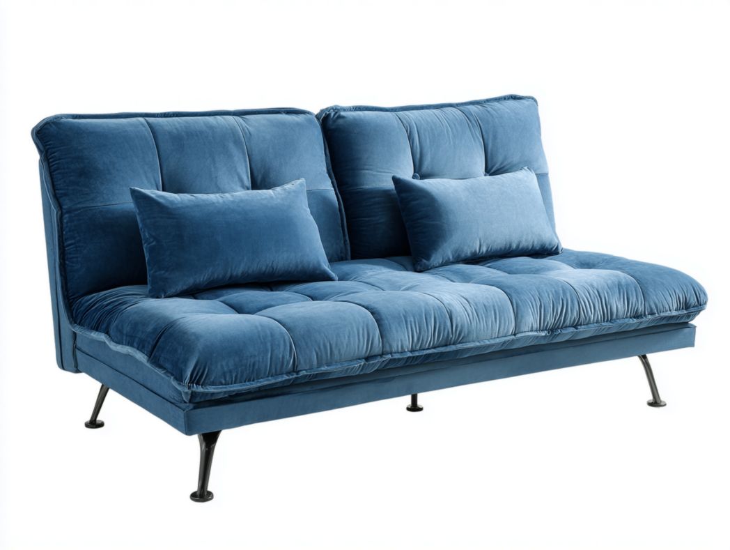 Canapé 2 places en velours bleu, structure et pieds en métal, avec deux coussins bleus