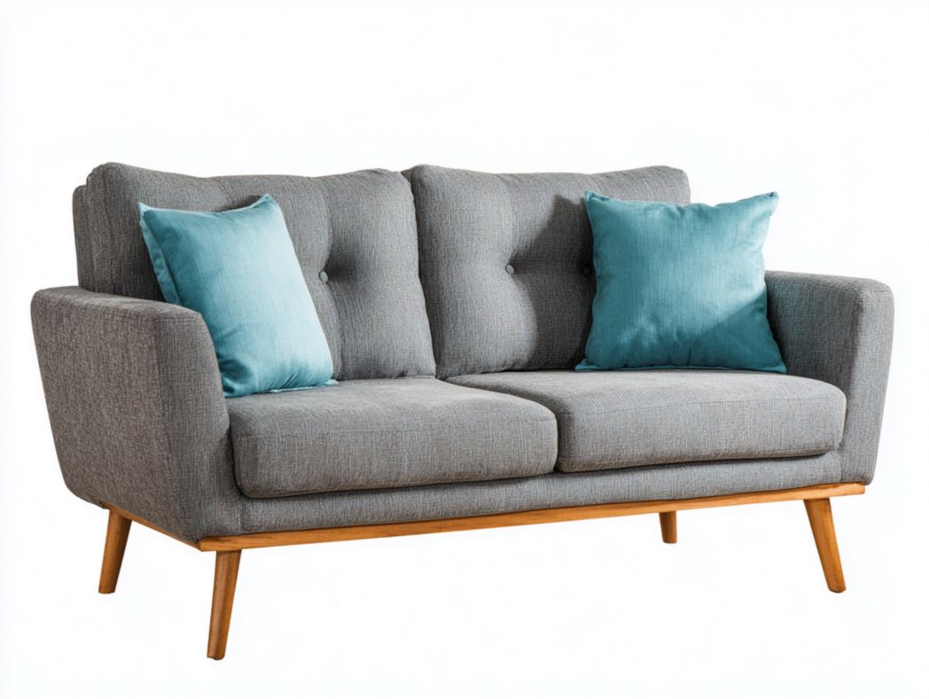 Canapé 2 places en tissu gris clair, structure et pieds en bois massif, avec deux coussins bleu-vert