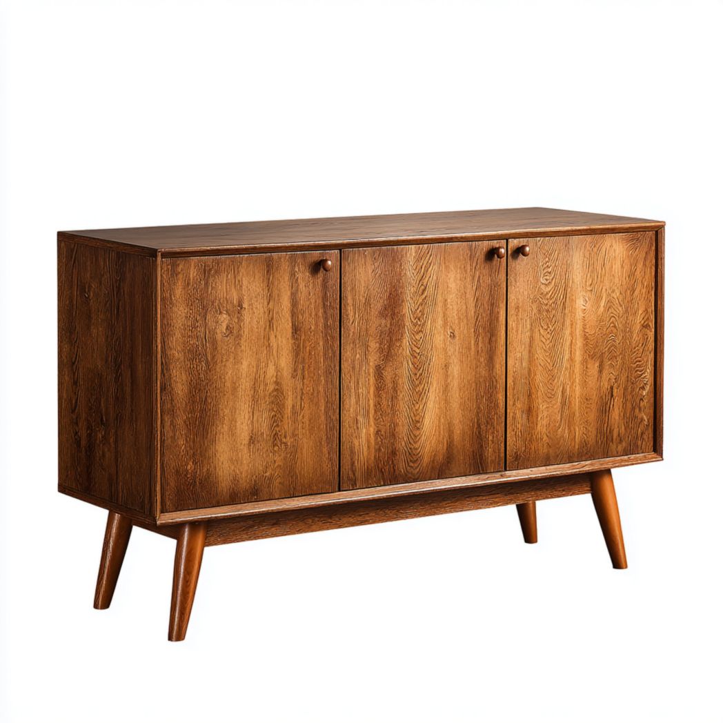 Buffet en bois brun foncé à trois portes avec un cadre droit et des pieds cylindriques en bois